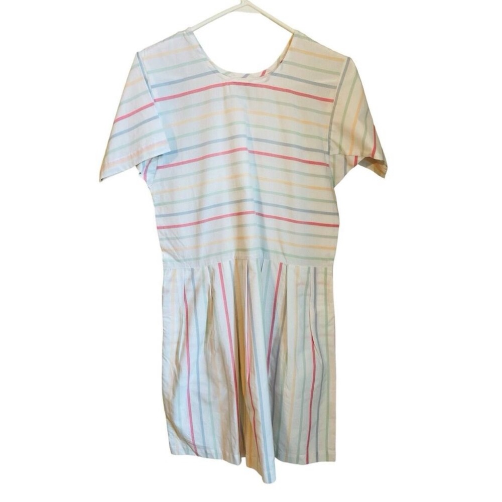 LAKE Size S Parasol Pleated Dress White Pastel Stripe Short Sleeve
